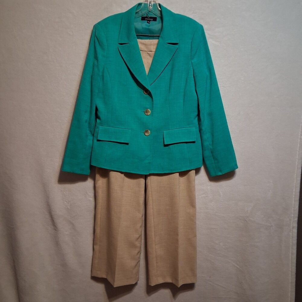 Jones Wear 12 Suit 2 Piece Blazer Pant Set Green Tan Business Spring Office Work